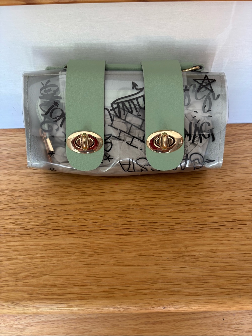 Clear Graffiti Print Crossbody with Sage Straps